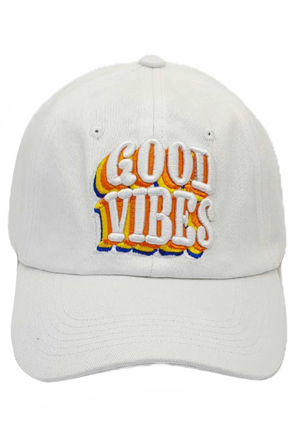 White Spread positive energy wherever you go with this GOOD VIBES Baseball Cap, designed to add a cheerful, laid-back touch to your outfit. Featuring a classic curved brim and comfortable fit, it’s perfect for everyday wear and effortless style.