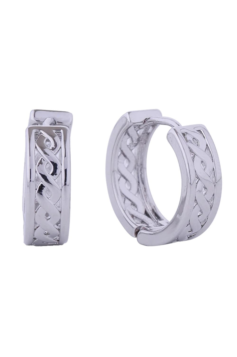 White Gold Elegant Celtic hoop huggie earrings crafted in brass with 14K gold and white gold dipping. These petite 1.6cm hoops feature intricate Celtic detailing that adds timeless charm to any look. Hypoallergenic design makes them perfect for sensitive ears, while lead and nickel compliance ensures safe, worry-free wear. Expertly made in Korea, these versatile earrings transition seamlessly from everyday to special occasions.
