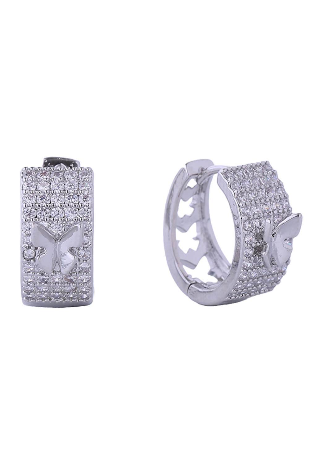 White Gold Delicate butterfly huggie earrings crafted in 14K gold or white gold-dipped brass with sparkling cubic zirconia accents. These artistic designs measure 1.4cm and hug the earlobe beautifully. Hypoallergenic construction makes them perfect for sensitive skin. Lead and nickel compliant for safe, worry-free wear. Expertly made in Korea, these charming earrings blend elegance with comfort for everyday luxury.