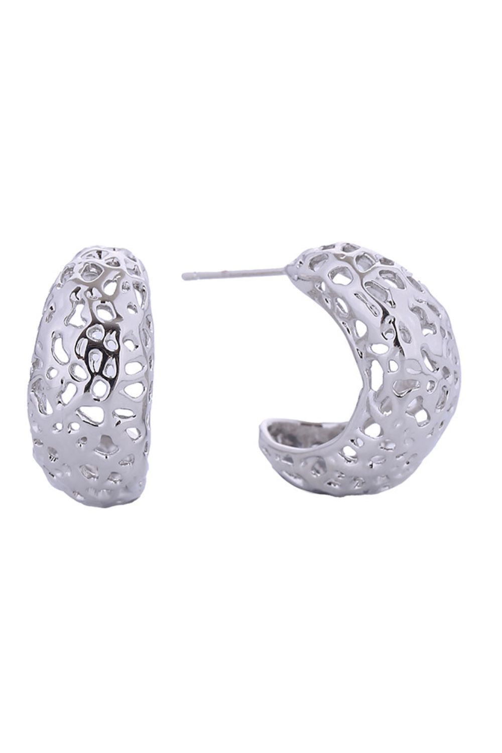 White Gold Elevate your everyday look with these stunning 14K Gold and White Gold dipped artsy cutout hoop post earrings. Crafted from hypoallergenic brass, they're gentle on sensitive skin while delivering bold, contemporary style. The intricate cutout design adds artistic flair to any outfit, and at a delicate 2.3cm, they're the perfect size for versatile wear. Lead and nickel compliant for peace of mind.