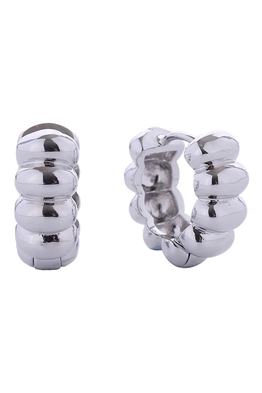 White Gold Delicate 14K gold and white gold dipped huggie hoops featuring a charming balloon link design. Crafted from hypoallergenic brass, these petite earrings measure 1.6cm in diameter perfect for everyday elegance. Lead and nickel compliant for sensitive skin.