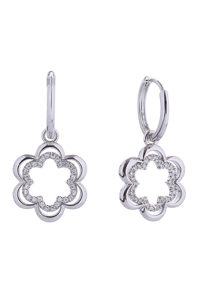 White Gold Delicate blooming drop huggie earrings crafted in 14K gold or white gold-dipped brass. Adorned with sparkling cubic zirconia petals that catch the light beautifully. These hypoallergenic earrings measure 2cm and are designed for everyday elegance. Lead and nickel compliant for sensitive skin. Expertly made in Korea, they're the perfect addition to any jewelry collection.
