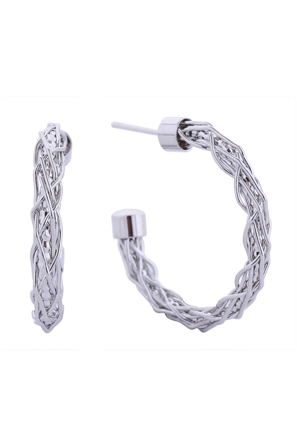 White Gold Elegant 14K braided open hoop post earrings featuring a timeless design with a 3cm diameter. Crafted from hypoallergenic brass, these earrings are perfect for sensitive skin and everyday wear. Lead and nickel compliant for safety and peace of mind. The open hoop design adds a modern touch while the braided detailing brings sophistication to any look.