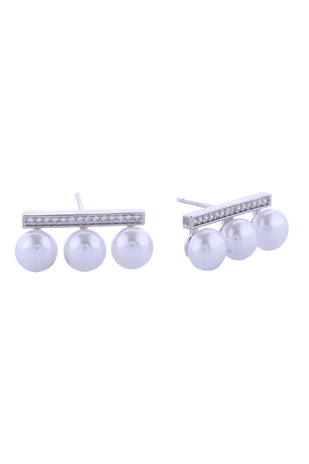 White Gold Elegant post earrings featuring a trio of lustrous pearls accented with sparkling cubic zirconia bars. Crafted from hypoallergenic brass with 14K gold and white gold dipping for a luxurious finish. Each earring measures 2.3cm in diameter, offering a refined yet noticeable presence. Lead and nickel compliant, making them safe for sensitive skin. Expertly made in Korea, these versatile pieces transition seamlessly from everyday wear to special occasions.