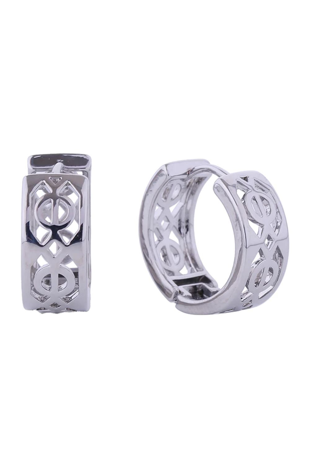 White Gold Elegant Celtic cutout huggie earrings crafted in brass with 14K gold and white gold dipping. These hypoallergenic earrings feature intricate Celtic knotwork in a compact 1.6cm diameter design, perfect for everyday wear and sensitive ears. Lead and nickel compliant for safety and comfort. Expertly made in Korea.