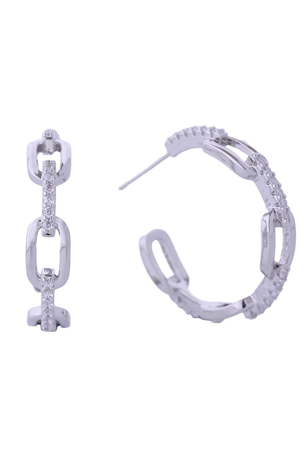 White Gold Elevate your everyday look with these stunning 14K Gold/White Gold dipped chain link hoop earrings. Crafted from hypoallergenic brass and adorned with sparkling cubic zirconia accents, these 3cm hoops offer timeless elegance with a modern twist. Lead and nickel compliant for safe, comfortable wear.