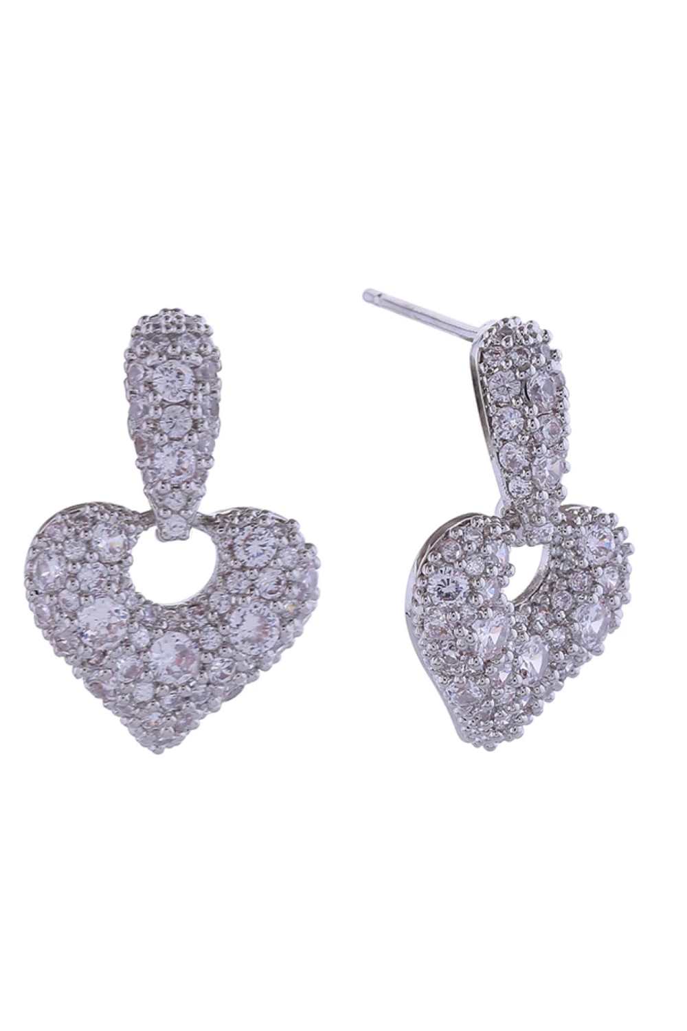 White Gold Elegant heart-shaped drop earrings featuring a sparkling cluster of cubic zirconia stones set in 14K gold or white gold-dipped brass. Measuring 2.1cm in diameter, these hypoallergenic post earrings are perfect for sensitive ears. Crafted in Korea with lead and nickel-free materials, they combine timeless style with everyday wearability. A versatile addition to any jewelry collection.