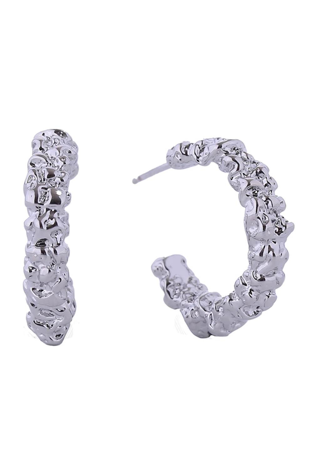 White Gold Elevate your everyday look with these stunning 14K Gold/White Gold Dipped Crinkled Hoop Post Earrings. Crafted from hypoallergenic brass, these beautifully textured hoops feature a delicate crinkled finish that catches the light beautifully. With a comfortable 2.1cm diameter, they're the perfect size for versatile styling dress them up or down with ease. Designed with sensitive skin in mind, these earrings are lead and nickel compliant, ensuring safe, all-day wear.
