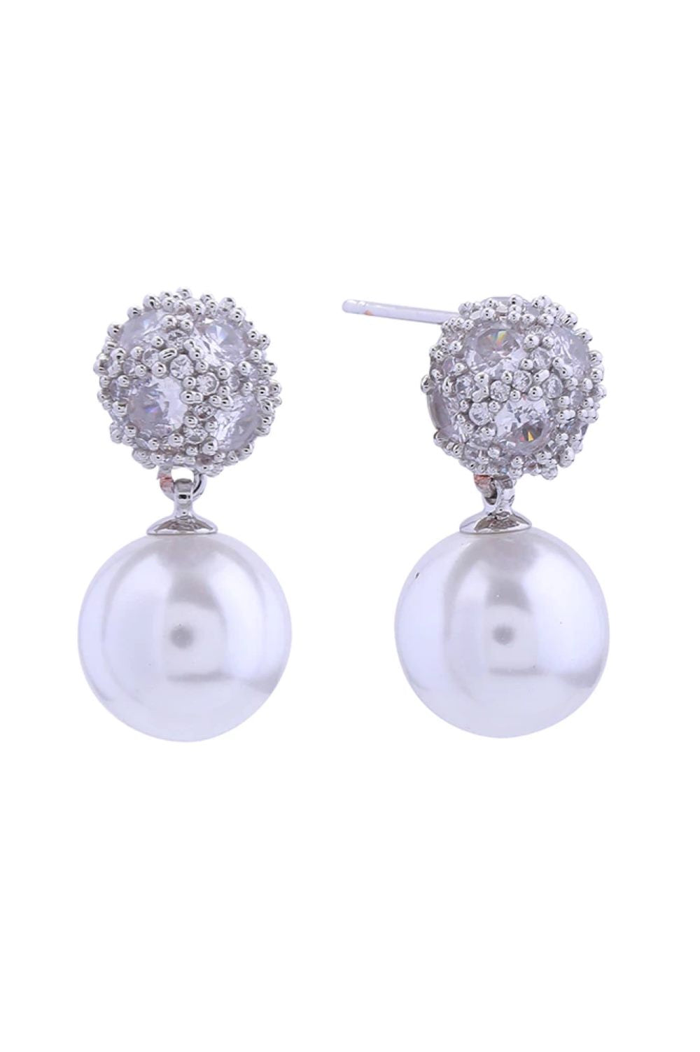 White Gold Elegant pearl drop earrings featuring a sparkling cubic zirconia top, dipped in lustrous 14K gold or white gold plating. Crafted from hypoallergenic brass with a 2.5cm diameter, these earrings combine timeless sophistication with everyday wearability. Lead and nickel compliant for sensitive skin. Made in Korea with meticulous attention to detail, perfect for adding a touch of refined glamour to any occasion.