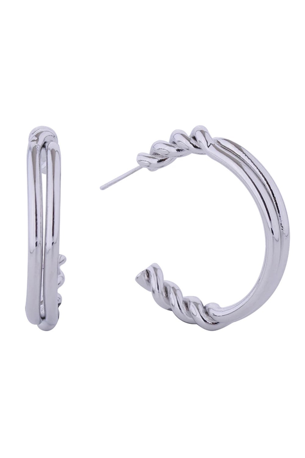 White Gold Elegant double wire post earrings crafted in brass with 14K gold or white gold dipping. Measuring 3.5cm in diameter, these lightweight hoops offer a modern, minimalist aesthetic perfect for everyday wear or special occasions. Hypoallergenic construction ensures comfort for sensitive ears. Lead and nickel compliant for safety and peace of mind. Expertly made in Korea with attention to quality craftsmanship.