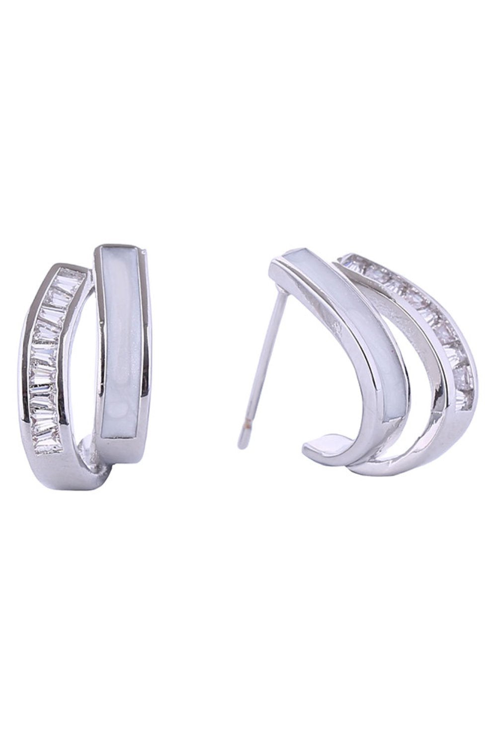 White Gold Elegant J-shaped post earrings crafted in brass with 14K gold and white gold dipping. Features sparkling cubic zirconia stones for timeless sophistication. Measuring 1.8cm, these hypoallergenic earrings are perfect for sensitive skin. Lead and nickel compliant for safe, everyday wear. Expertly made in Korea.