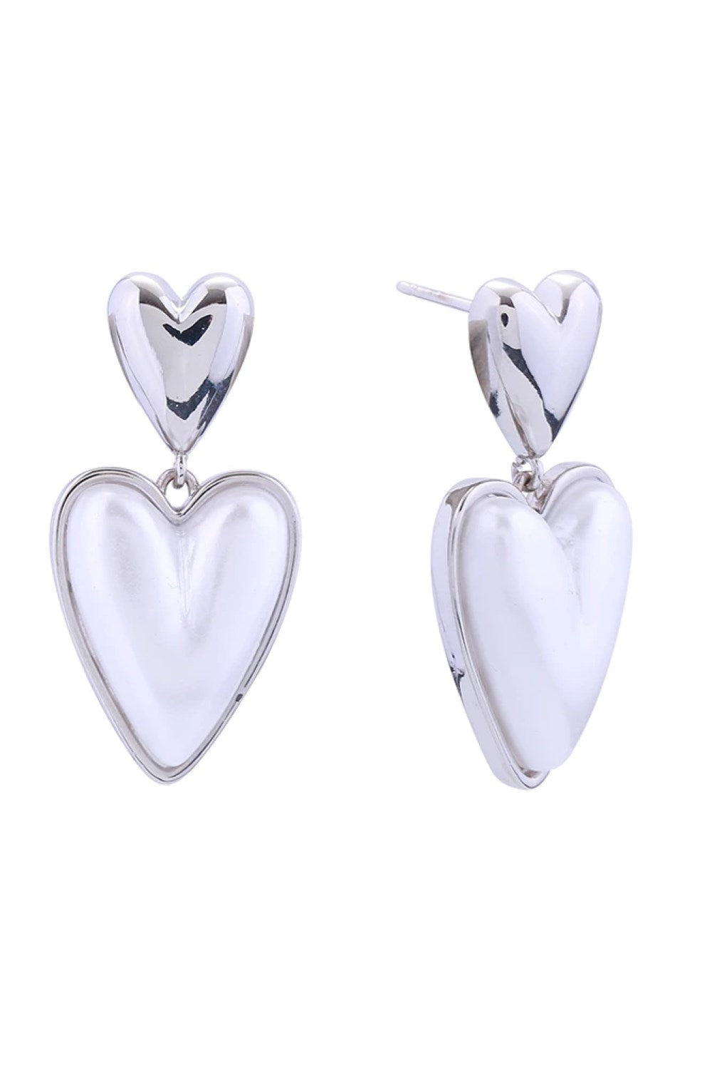 White Gold Elegant duo loving heart post earrings crafted in brass with 14K gold and white gold dipping. Hypoallergenic design with pearl accents, measuring 3.2cm in diameter. Lead and nickel compliant for sensitive skin. Expertly made in Korea for timeless sophistication and comfort.