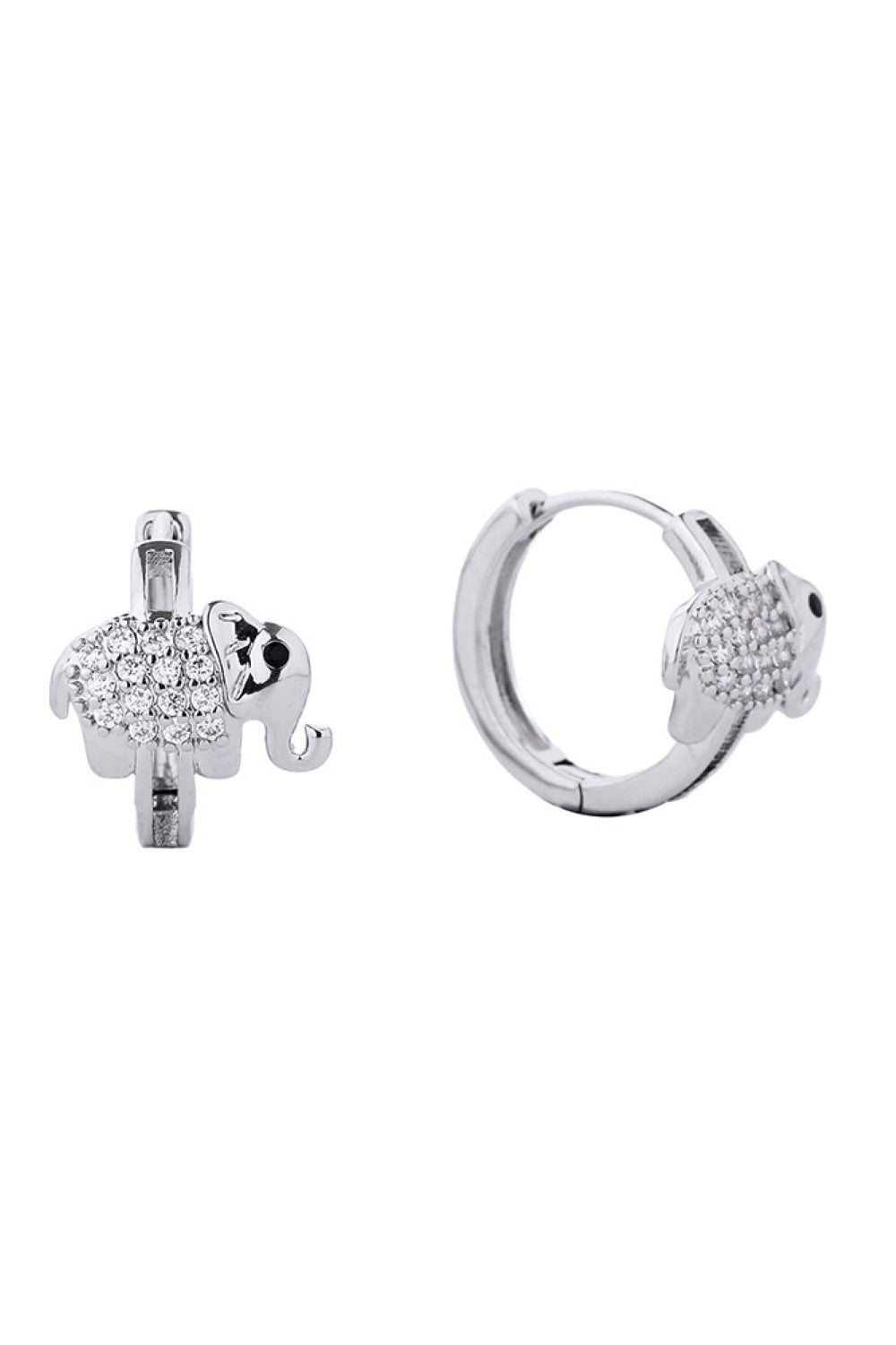 White Gold Elegant elephant-shaped huggie hoops crafted in 14K gold and white gold plating. Adorned with sparkling cubic zirconia pavé detailing for a luxurious finish. These hypoallergenic earrings feature a comfortable 2.11cm diameter design perfect for everyday wear or special occasions. Crafted from quality brass with lead and nickel-free construction, ensuring safety and durability. A charming statement piece that combines playful design with timeless sophistication.
