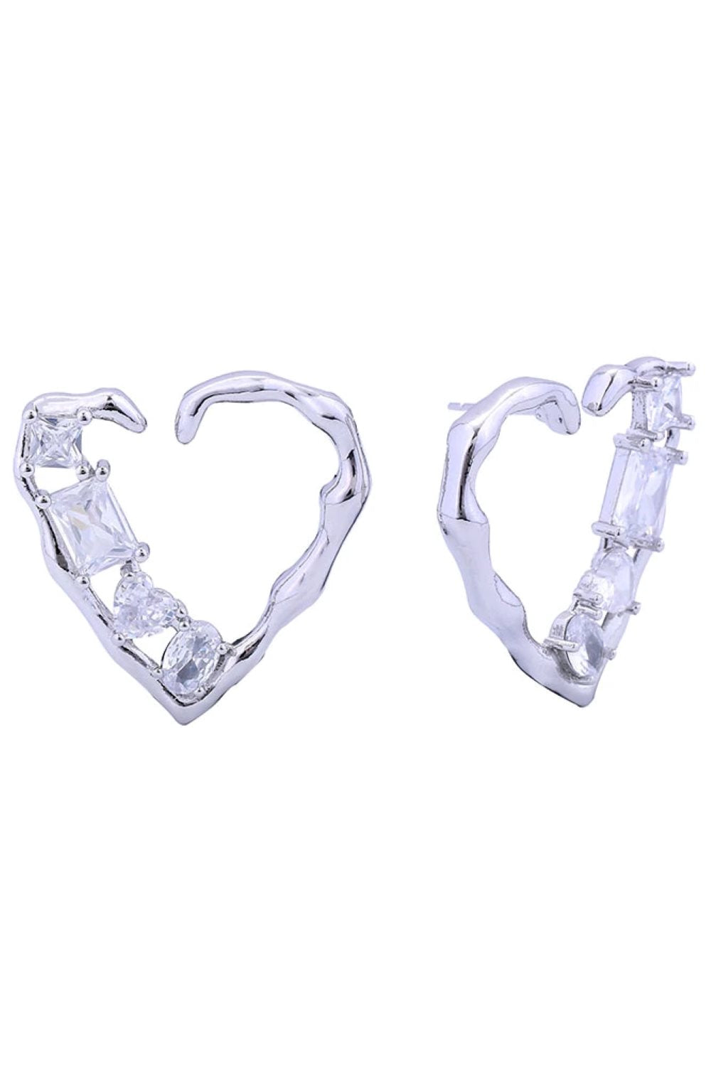 White Gold Elegant post earrings featuring a heart design adorned with sparkling cubic zirconia pavé detailing. Crafted from brass with 14K gold and white dipping for a luxurious finish. Hypoallergenic construction makes them ideal for sensitive ears. Each earring measures 2.8cm in diameter. Lead and nickel compliant for safe, worry-free wear. Perfect for everyday elegance or special occasions.