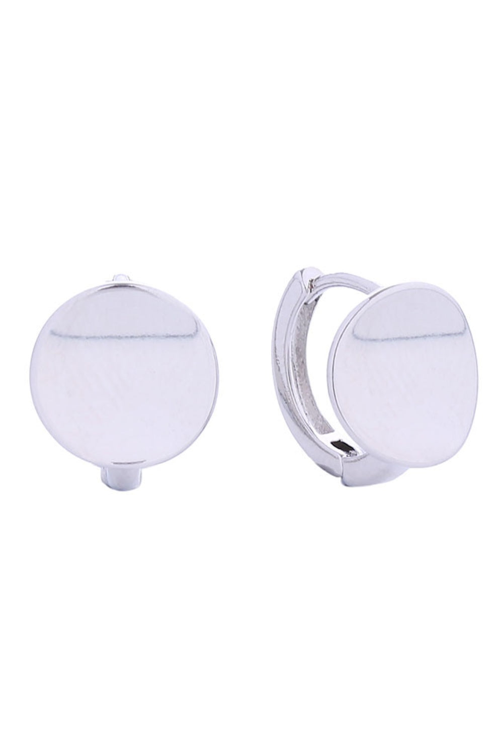 White Gold Elegant flat disk huggie earrings crafted in brass with 14K gold and white gold dipping. These minimalist studs measure 2cm and hug close to the ear for a refined, understated look. Hypoallergenic design ensures comfort for sensitive skin. Lead and nickel compliant for peace of mind. Expertly made in Korea, these versatile earrings transition seamlessly from day to night.