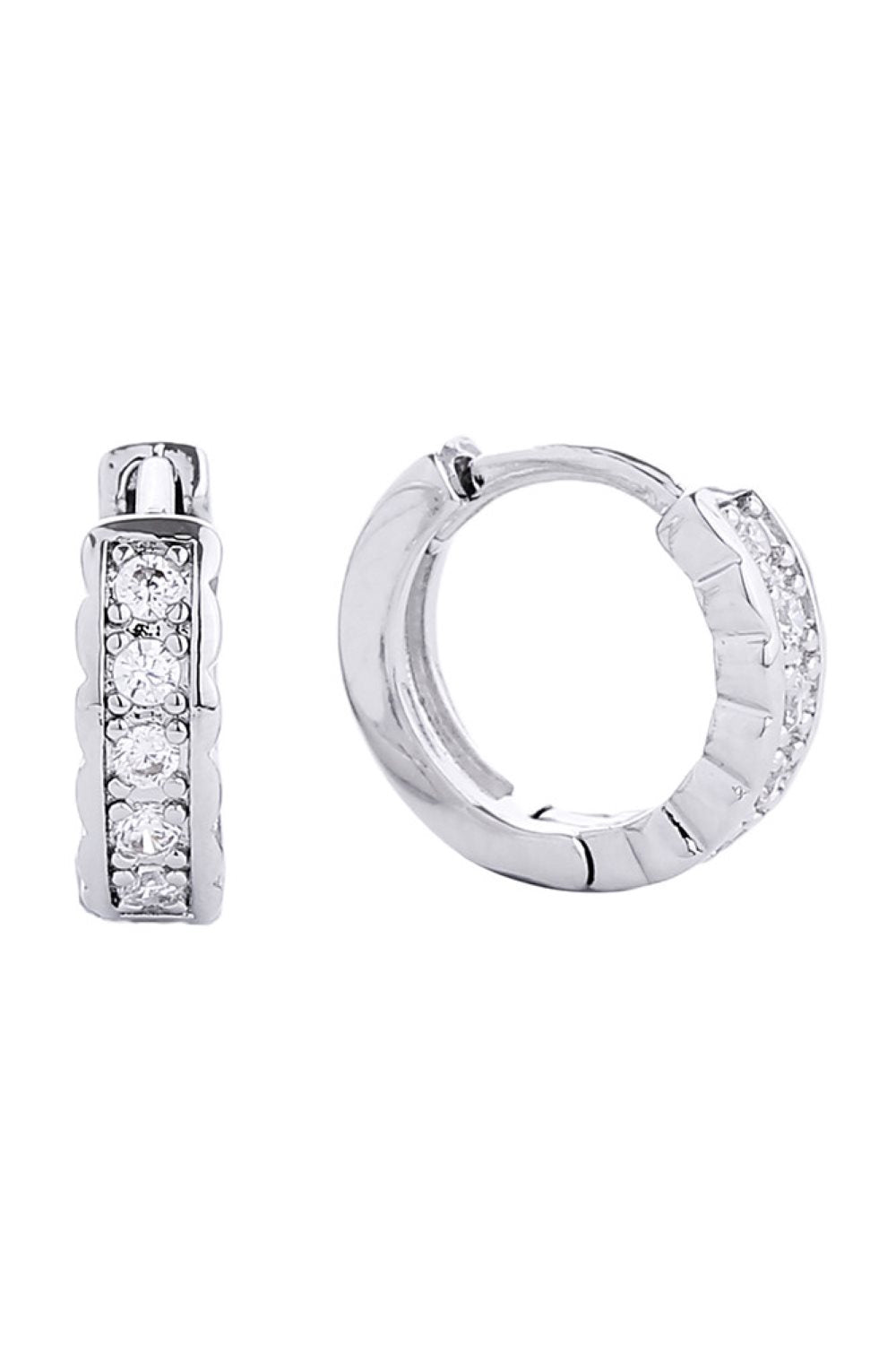 White Gold Delicate 14K gold-dipped huggie hoops featuring sparkling cubic zirconia pavé detailing. These petite earrings measure 1.4cm in diameter, perfect for everyday elegance or layering. Crafted from hypoallergenic brass with lead and nickel-free construction, they're gentle on sensitive ears. The lustrous gold finish catches light beautifully while maintaining durability. Ideal for those seeking timeless, minimalist jewelry that doesn't compromise on style or comfort.