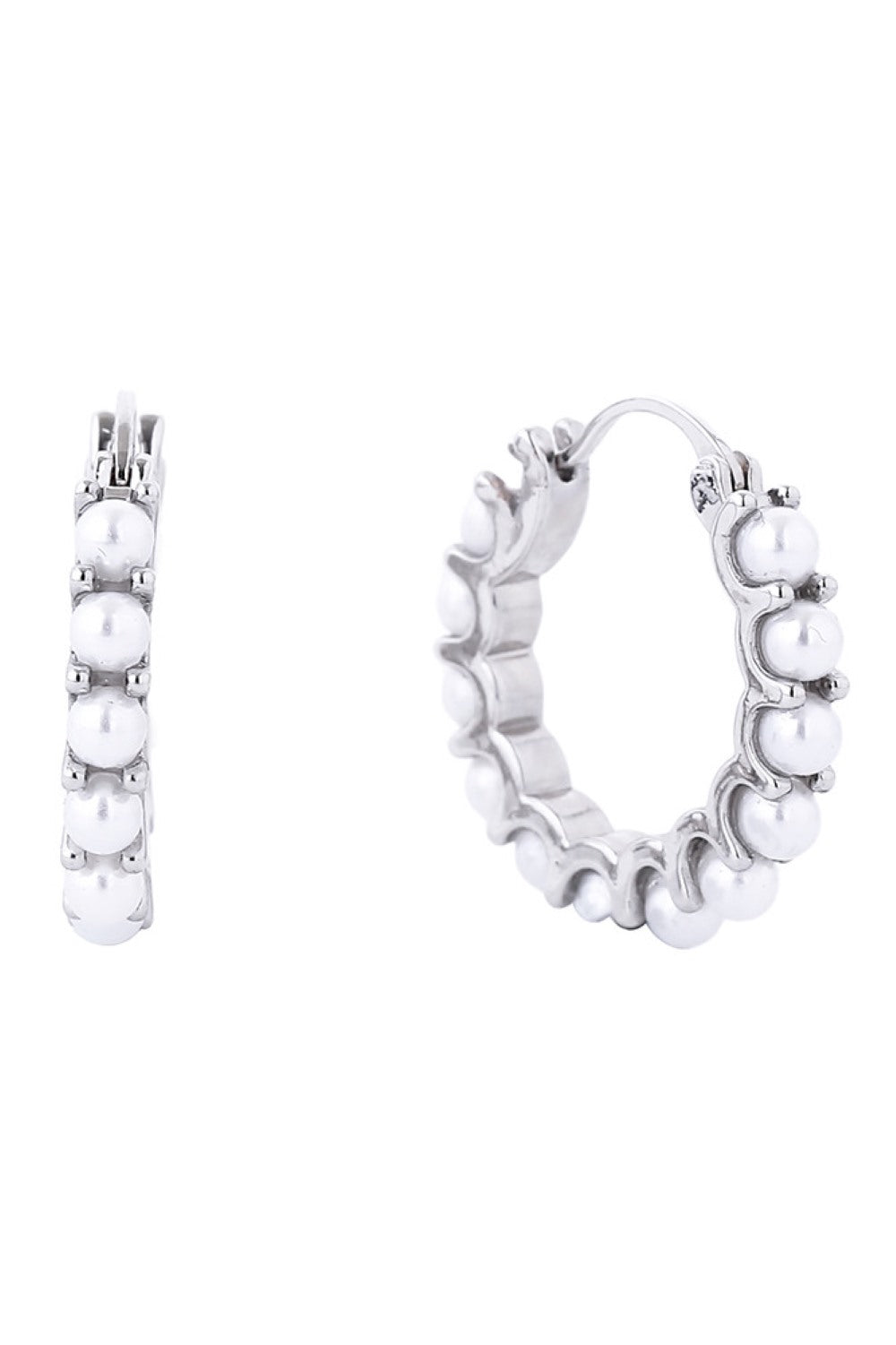 White Gold Elegant hoop earrings featuring lustrous white pearls with a luxurious 14K gold dip finish. Crafted from hypoallergenic brass, these 2.29cm diameter hoops are perfect for sensitive skin. The secure pin catch closure ensures they stay in place throughout your day. Lead and nickel compliant for safe, worry-free wear. A timeless addition to any jewelry collection.