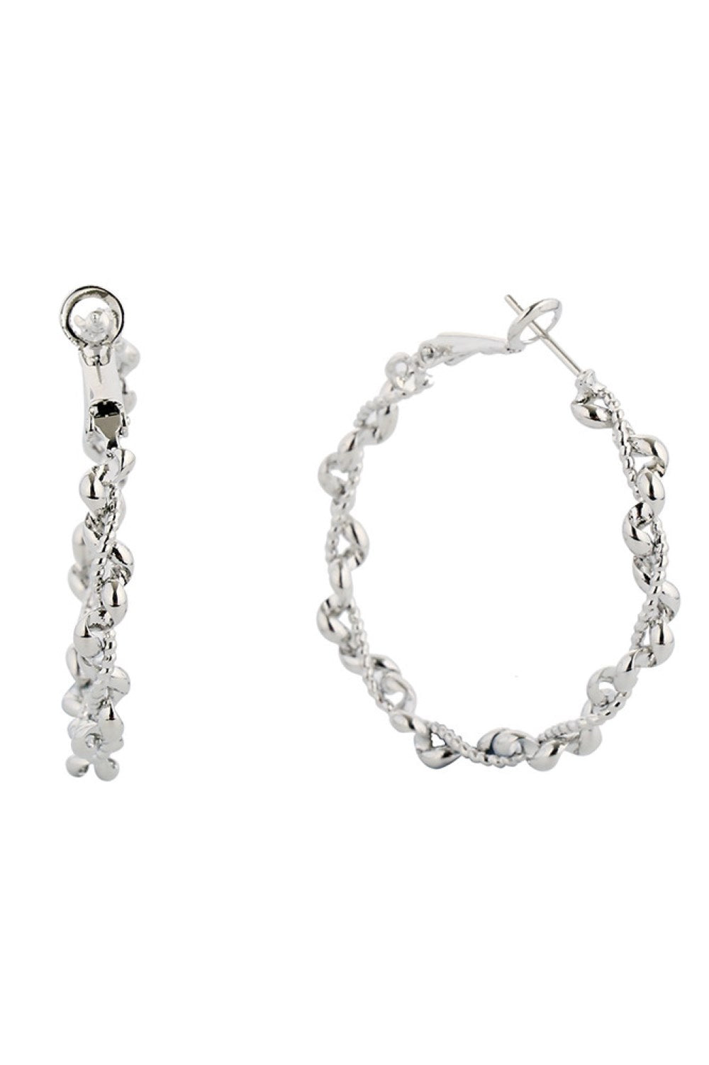 White Gold Elegant hoop earrings crafted from hypoallergenic brass with a luxurious 14K gold and white gold dip finish. Featuring a secure omega closure for all-day comfort and confidence. With a generous 3.99cm diameter, these versatile hoops make a graceful statement whether worn casually or dressed up for special occasions.