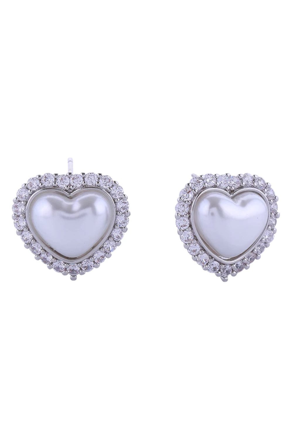 White Gold Elegant heart-shaped post earrings featuring lustrous pearls accented with sparkling cubic zirconia pavé detailing. Crafted from hypoallergenic brass with 14K gold or white gold dipping for a luxurious finish. Measuring 1.8cm in diameter, these versatile studs complement any occasion. Lead and nickel compliant for sensitive skin. Made in Korea with quality craftsmanship.