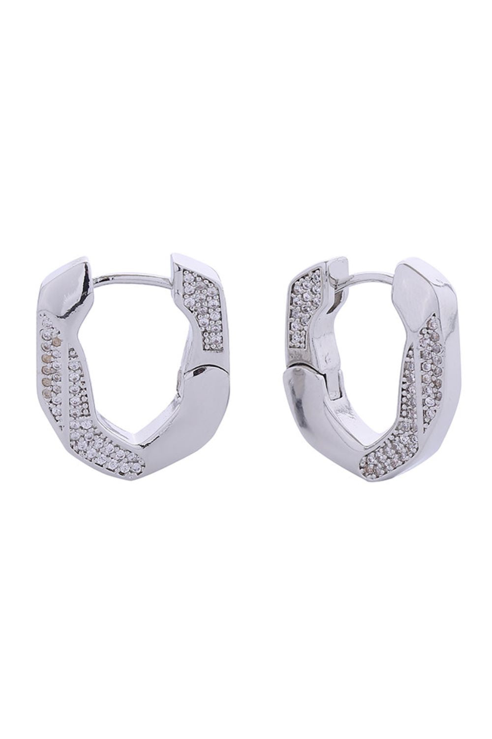 White Gold Elevate your everyday look with these stunning 14K Gold and White Gold dipped Heptagon Pave CZ Huggie Earrings. Crafted from hypoallergenic brass with brilliant cubic zirconia stones, these petite 2.4cm earrings offer the perfect balance of sparkle and sophistication. Lead and nickel compliant for sensitive skin, and expertly made in Korea. A versatile essential that transitions seamlessly from day to night.