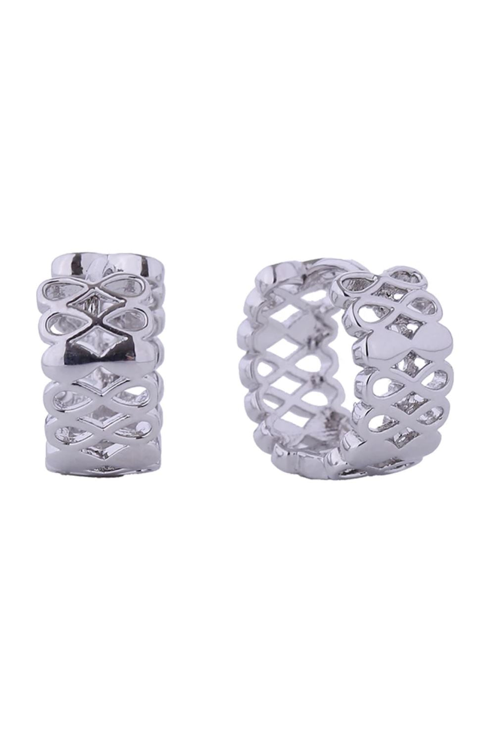 White Gold Delicate infinity-inspired huggie hoops crafted in brass with 14K gold and white gold dipping. These hypoallergenic earrings feature a petite 1.3cm diameter, perfect for everyday elegance. Lead and nickel compliant for sensitive skin. Expertly made in Korea.