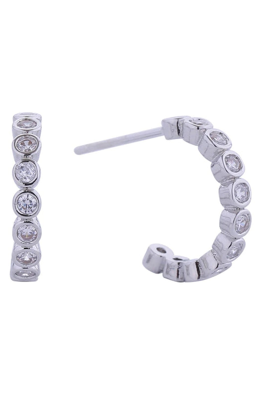 White Gold Elegant 14K link round cubic zirconia hoop post earrings crafted from hypoallergenic brass. These timeless hoops feature sparkling CZ stones that catch the light beautifully, perfect for everyday wear or special occasions. Lead and nickel compliant for safe, comfortable wear. The secure post back ensures stability throughout the day. A versatile addition to any jewelry collection.