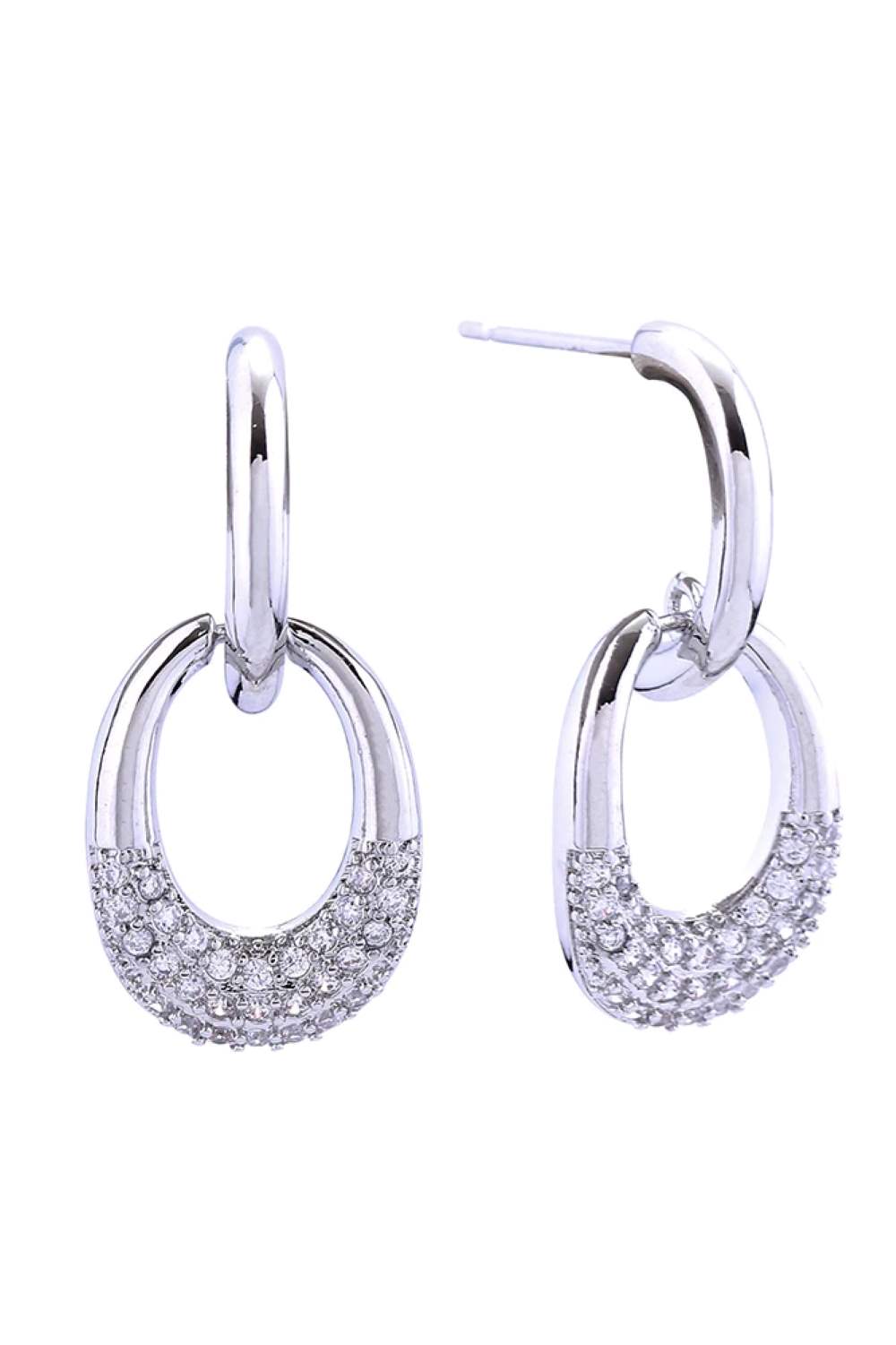 White Gold Elegant 14K gold and white dipped post earrings featuring sparkling cubic zirconia pavé detailing. The lucky drop design measures 2.6cm in diameter, offering a delicate yet eye-catching look. Crafted from hypoallergenic brass with CZ stones, these earrings are lead and nickel compliant for safe, comfortable everyday wear. Perfect for adding a touch of sophistication to any outfit.
