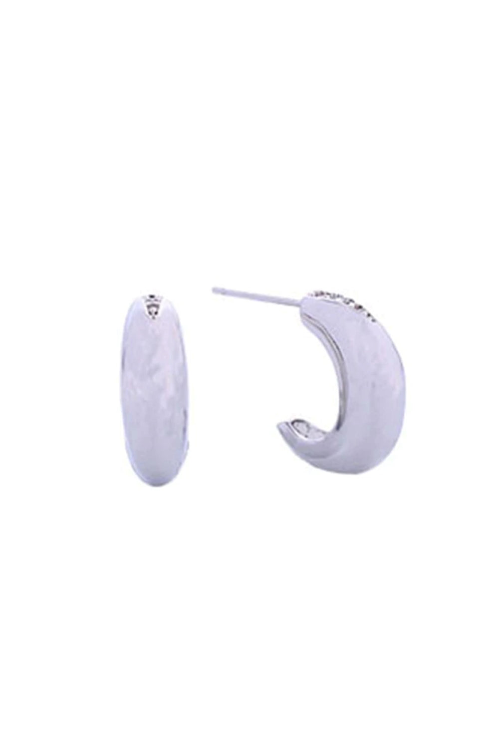 White Gold Delicate 14K gold and white gold dipped mini moon studs adorned with sparkling cubic zirconia pavé. Crafted from hypoallergenic brass, these petite earrings measure 1.5cm in diameter perfect for everyday elegance or layering. Lead and nickel compliant for sensitive skin. Made in Korea with quality craftsmanship.
