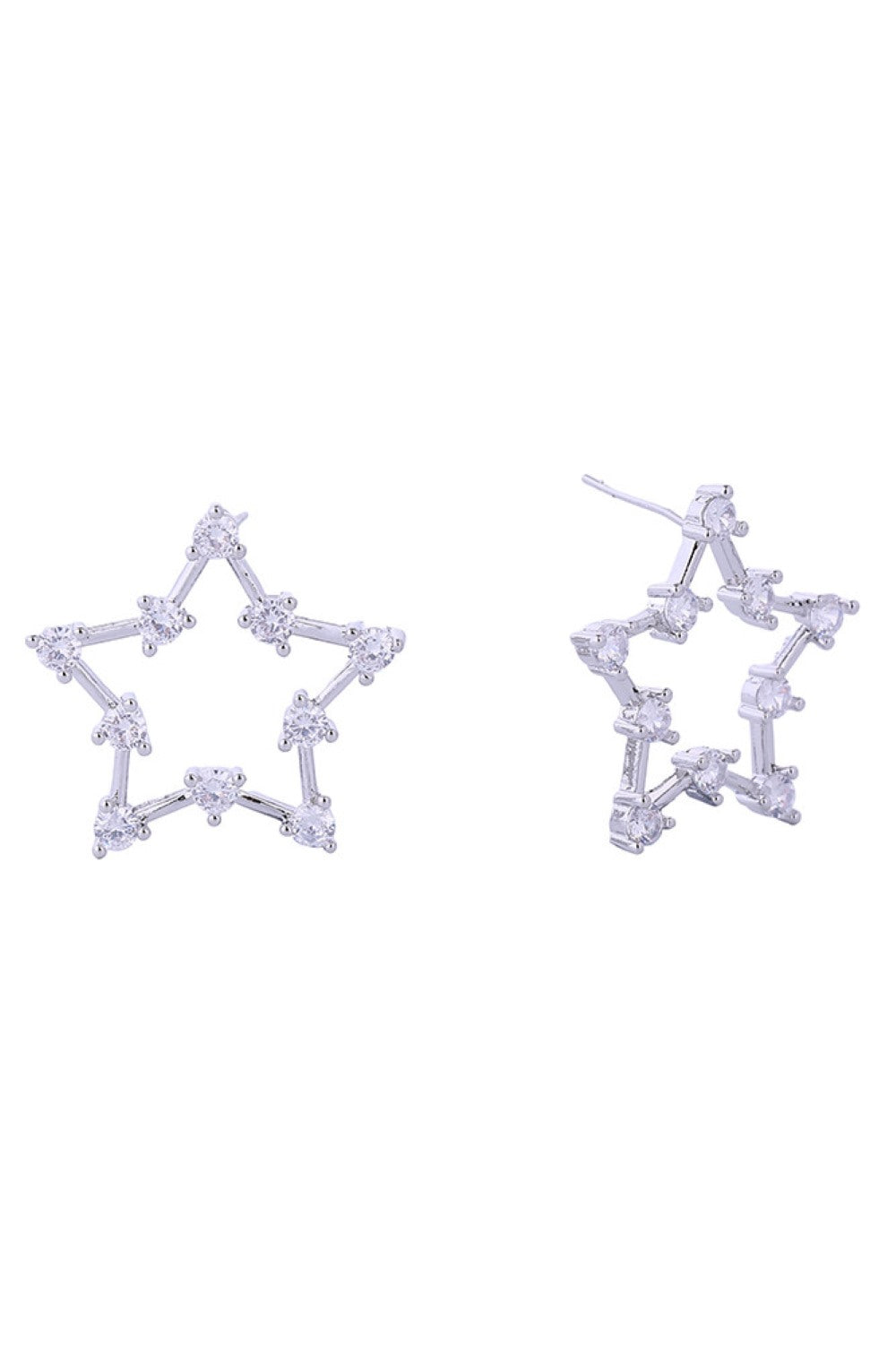 White Gold Delicate open star post earrings crafted in brass with 14K gold and white gold dipping. Features sparkling cubic zirconia accents for subtle glamour. Measuring 2.4cm, these hypoallergenic studs are perfect for sensitive ears. Lead and nickel compliant for safe, everyday wear. Expertly made in Korea.