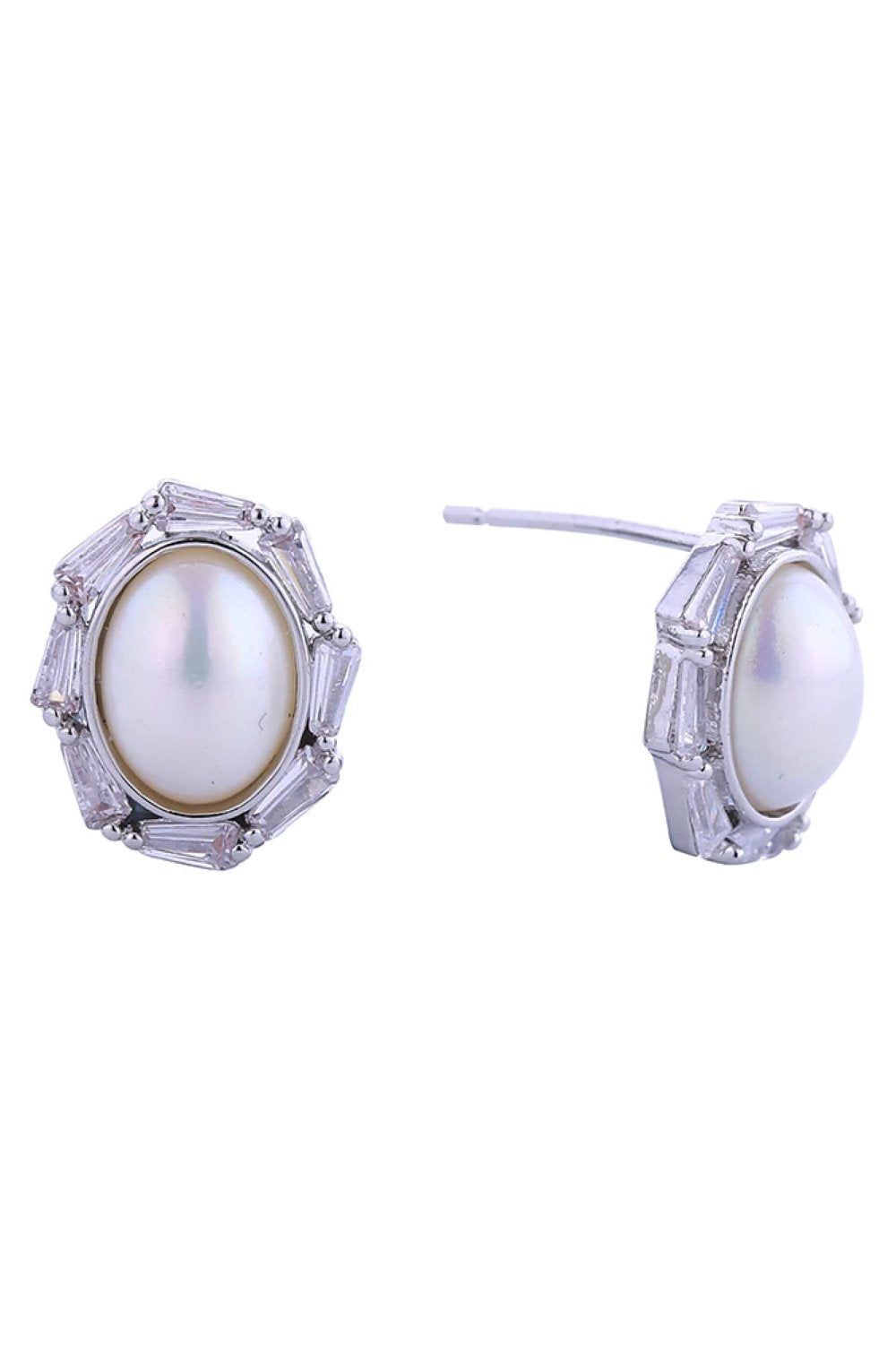 White Gold Elegant oval pearl post earrings crafted in 14K gold and white dipped brass. Sparkling cubic zirconia pavé detailing adds sophisticated glamour to these timeless studs. Measuring 1.1cm in diameter, they're perfectly proportioned for everyday wear or special occasions. Hypoallergenic construction ensures comfort for sensitive ears. Lead and nickel compliant for peace of mind. A versatile addition to any jewelry collection.