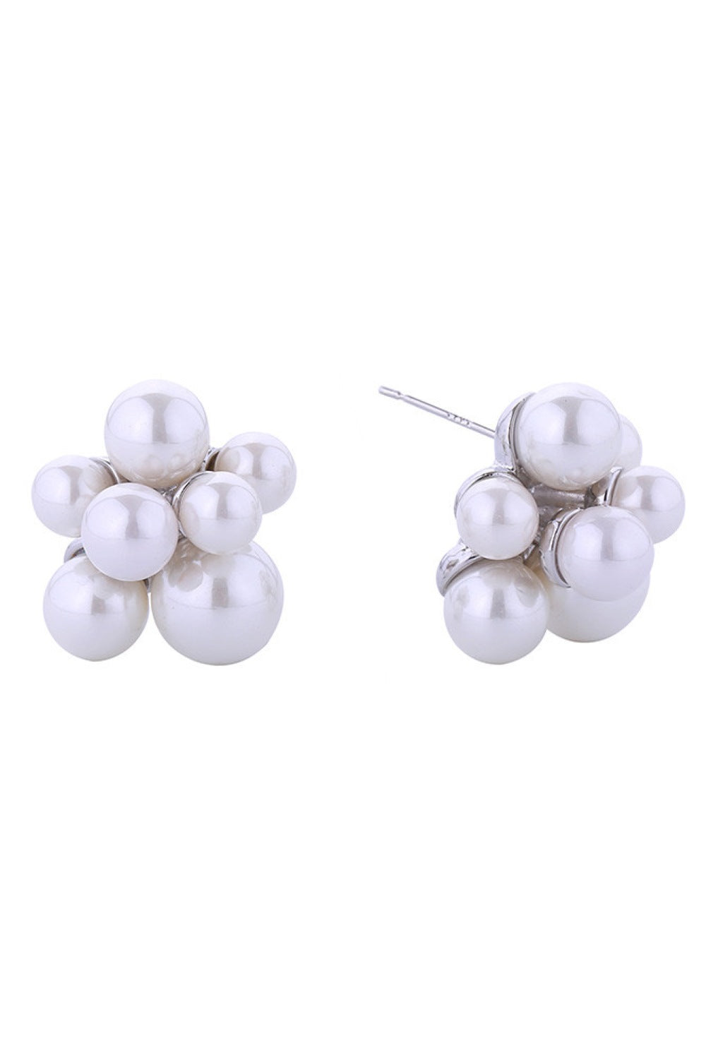 White Gold Elegant pearl cluster post earrings crafted in 14K gold and white dipped finish. Each earring features a lustrous pearl center surrounded by a delicate cluster design, measuring 2.1cm in diameter. Made from hypoallergenic brass with pearl accents, these earrings are perfect for sensitive skin. Lead and nickel compliant for safe, everyday wear. A timeless addition to any jewelry collection.