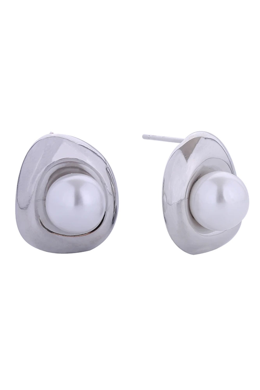 White Gold Elegant pearl orbit post earrings crafted with 14K gold and white gold dipping. Each earring measures 2.3cm and features lustrous pearls set in a modern geometric design. Made from hypoallergenic brass, these earrings are safe for sensitive skin and fully lead and nickel compliant. Handcrafted in Korea with attention to detail, they're perfect for everyday wear or special occasions.