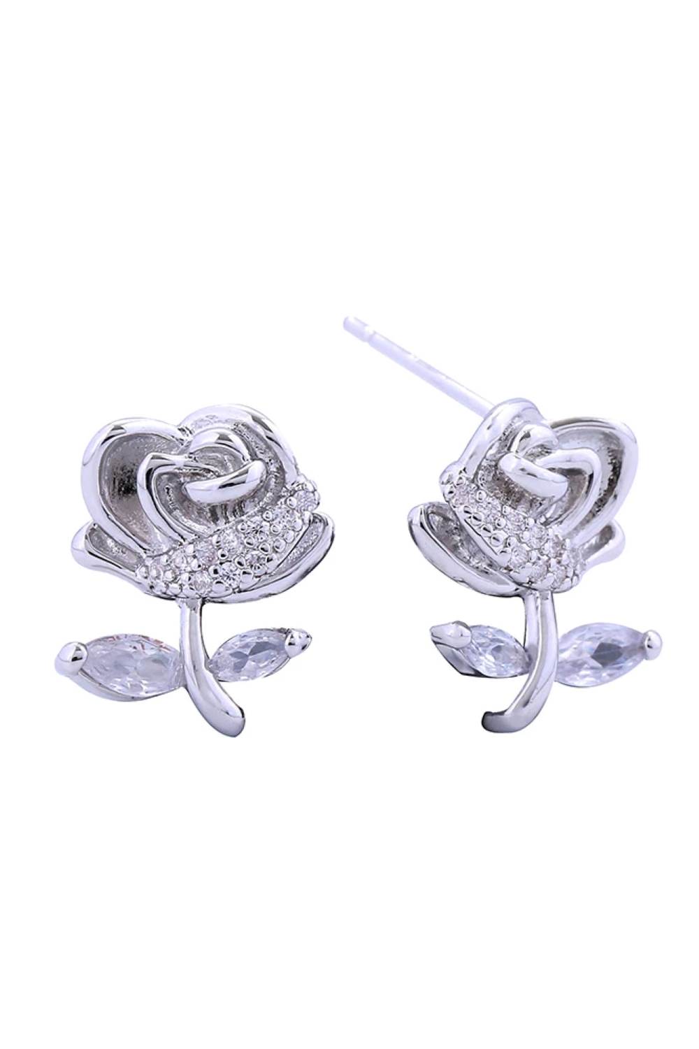 White Gold Elegant post earrings featuring a romantic rose design adorned with sparkling cubic zirconia pavé detailing. Crafted from brass with a luxurious 14K gold and white dipped finish, these hypoallergenic earrings are perfect for sensitive skin. Each earring measures 1.3cm in diameter, offering a delicate yet eye-catching look. Lead and nickel compliant for safe, worry-free wear. An ideal choice for everyday elegance or special occasions.