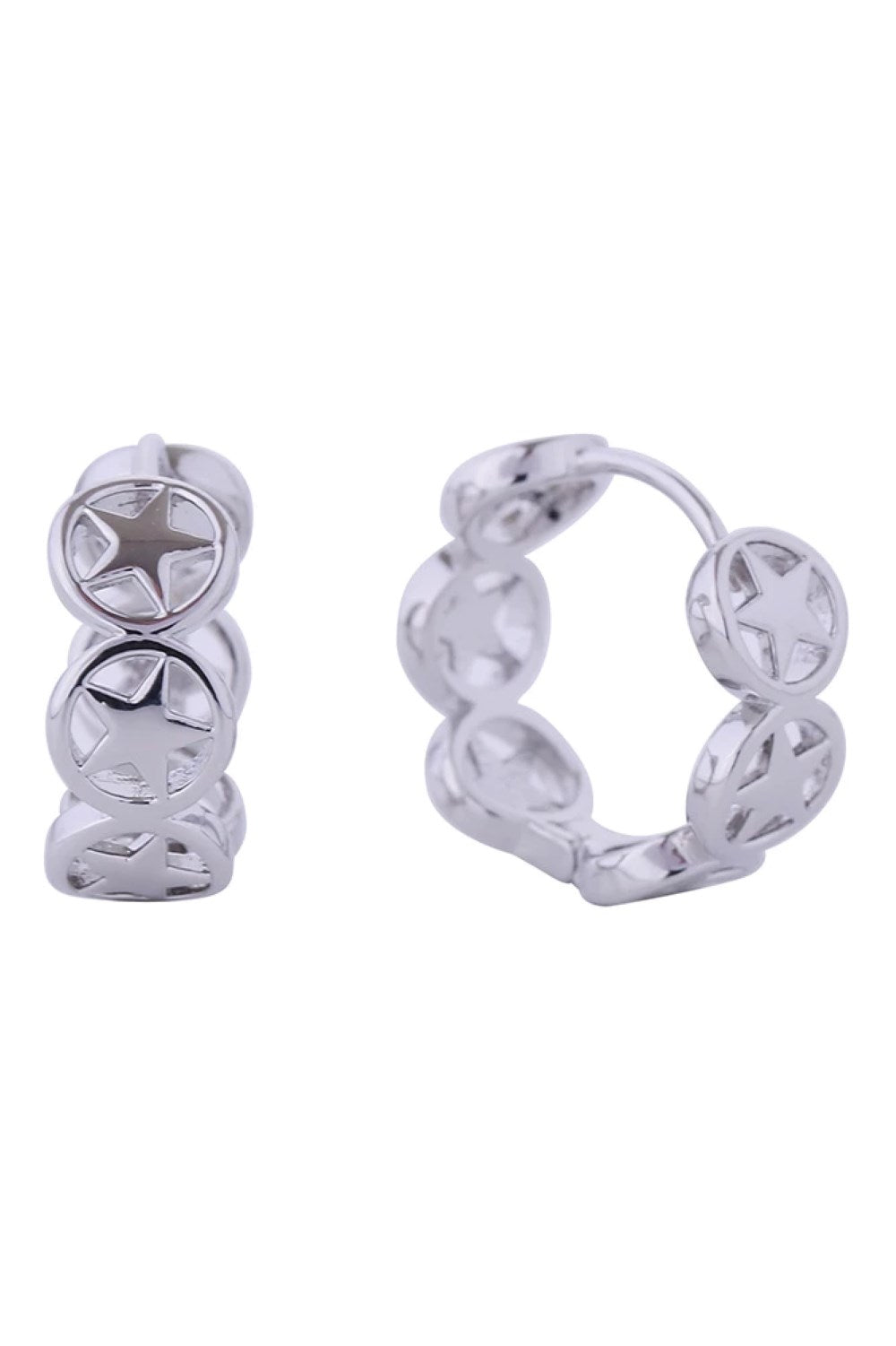 White Gold Celestial-inspired huggie hoop earrings crafted in brass with 14K gold and white gold dipping. These delicate hoops feature a stellar sky design and measure 1.7cm in diameter, perfect for everyday elegance. Hypoallergenic construction ensures comfort for sensitive ears. Lead and nickel compliant for peace of mind. Expertly made in Korea.