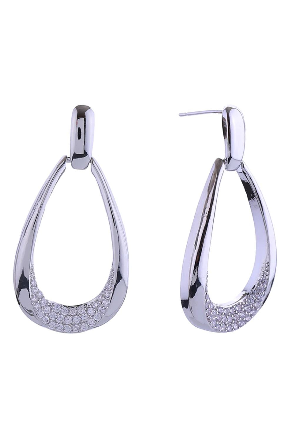 White Gold Elegant tear drop dangle hoops featuring sparkling cubic zirconia pavé detailing. Crafted from brass with 14K gold and white dipping for a luxurious two-tone finish. These hypoallergenic post earrings measure 4.3" in diameter, making a bold statement while remaining comfortable for all-day wear. Lead and nickel compliant for peace of mind. Perfect for adding glamour to any occasion.