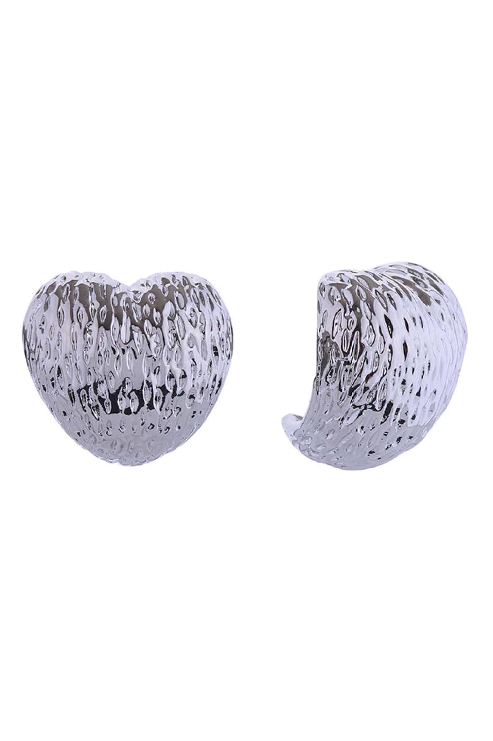 White Gold Delicate 14K textured puff heart post earrings crafted from hypoallergenic brass. Each earring measures 1.8cm in diameter, offering a charming, wearable size perfect for everyday elegance. Lead and nickel compliant for sensitive skin. A timeless addition to any jewelry collection.