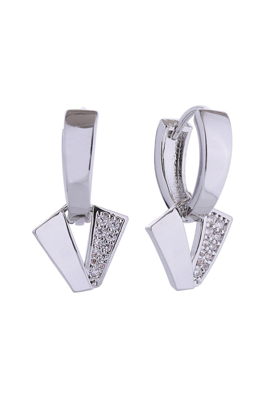 White Gold Elegant triangle dangle huggie earrings crafted in 14K gold and white gold dipping. Featuring cubic zirconia stones for a brilliant sparkle, these hypoallergenic earrings are perfect for sensitive ears. Measuring 1.4cm, they offer a delicate yet eye-catching look. Made in Korea with brass construction, these earrings are lead and nickel compliant, ensuring safe, comfortable wear for all-day elegance.