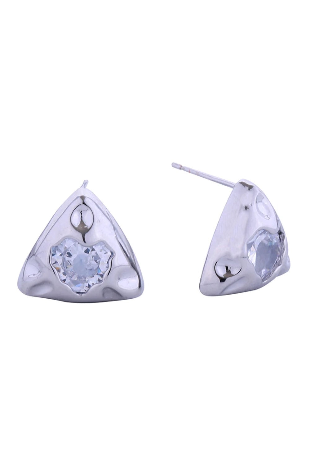 White Gold Elegant triangle heart studs crafted in brass with a luxurious 14K gold and white dip finish. Adorned with sparkling cubic zirconia pavé detailing for timeless sophistication. Each earring measures 1.6cm in diameter, offering the perfect balance of presence and wearability. Hypoallergenic posts ensure comfort for sensitive ears. Lead and nickel compliant for peace of mind. A versatile addition to any jewelry collection.