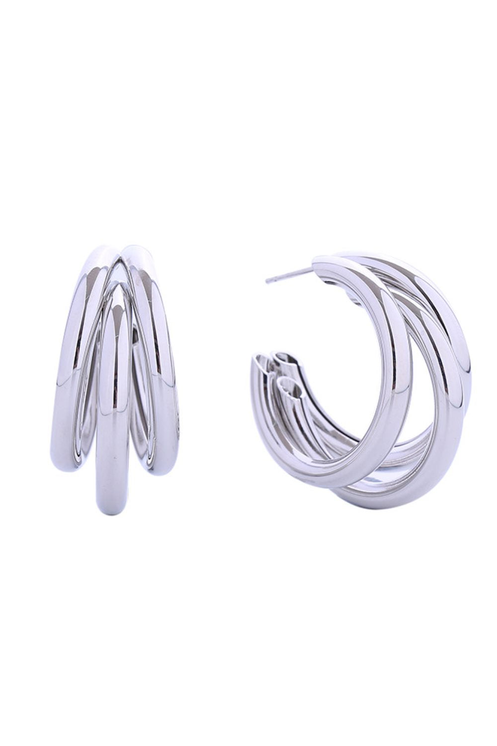 White Gold Elegant trio hoop design crafted in brass with 14K gold and white gold dipping. These 2.8cm post earrings feature a timeless waltz-inspired silhouette that transitions beautifully between warm and cool tones. Hypoallergenic construction ensures comfortable all-day wear, while lead and nickel compliance guarantees safety and peace of mind.