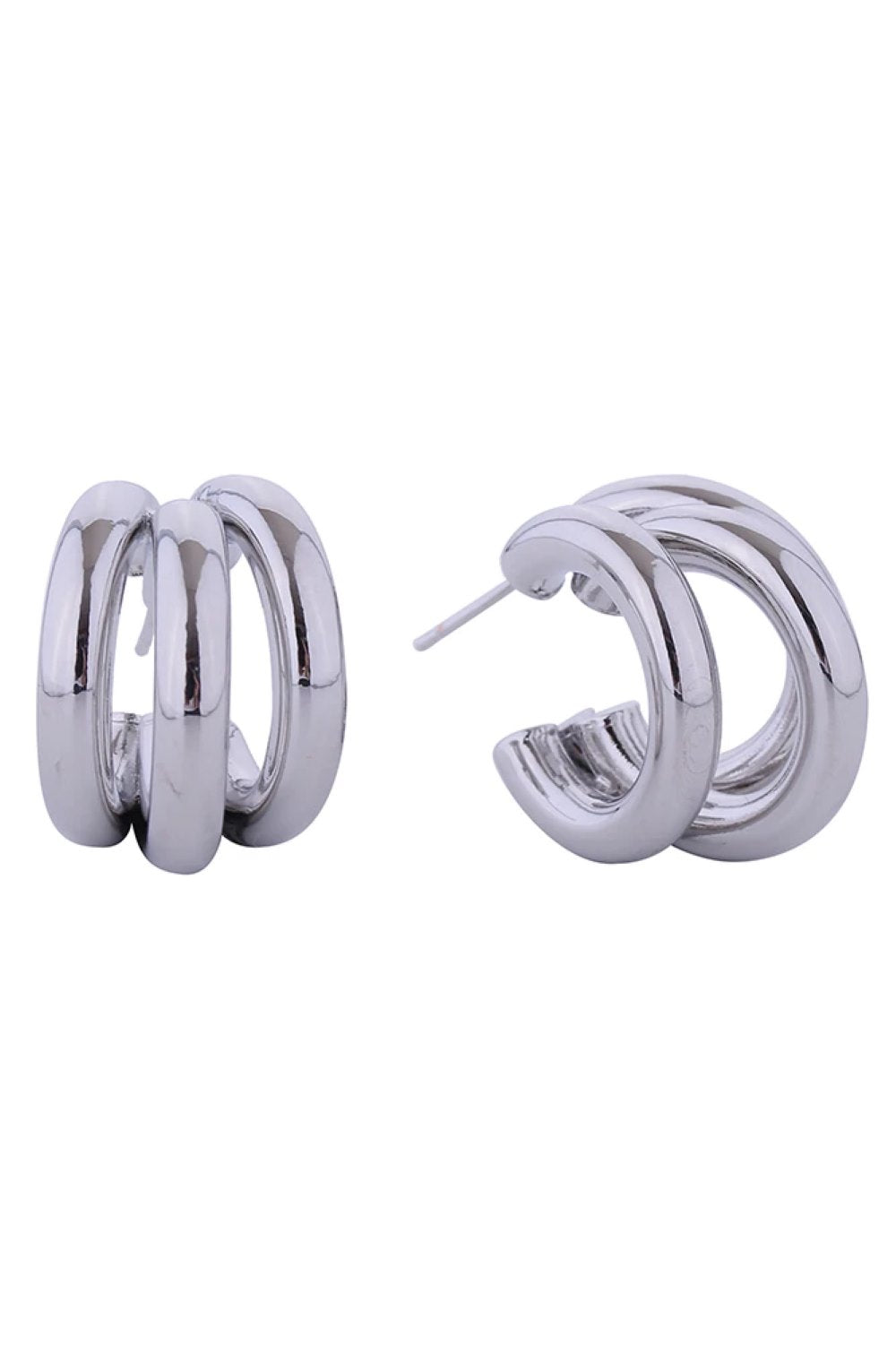 White Gold Elegant trio loop post earrings crafted in brass with 14K gold and white gold dipping. Measuring 2.4cm in diameter, these hypoallergenic earrings are perfect for sensitive skin. Lead and nickel compliant for safe, everyday wear. Expertly made in Korea, they combine timeless design with quality craftsmanship.