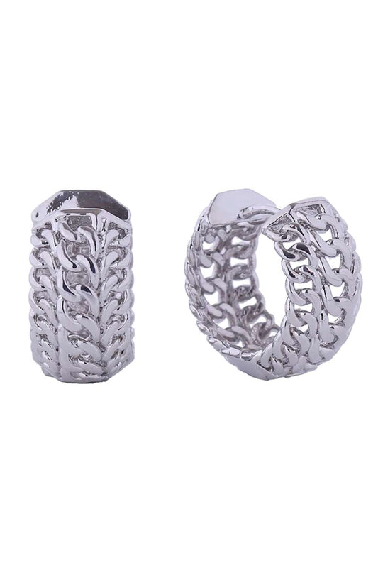 White Gold Delicate triple chain design meets everyday elegance with these 14K gold and white gold dipped huggie hoop earrings. Crafted from hypoallergenic brass, they're gentle on sensitive ears while maintaining a luxe appearance. At 1.8cm in diameter, these petite hoops offer the perfect balance of visibility and subtlety. Lead and nickel compliant for peace of mind. Expertly made in Korea, they're your go-to piece for layered styling or solo wear.