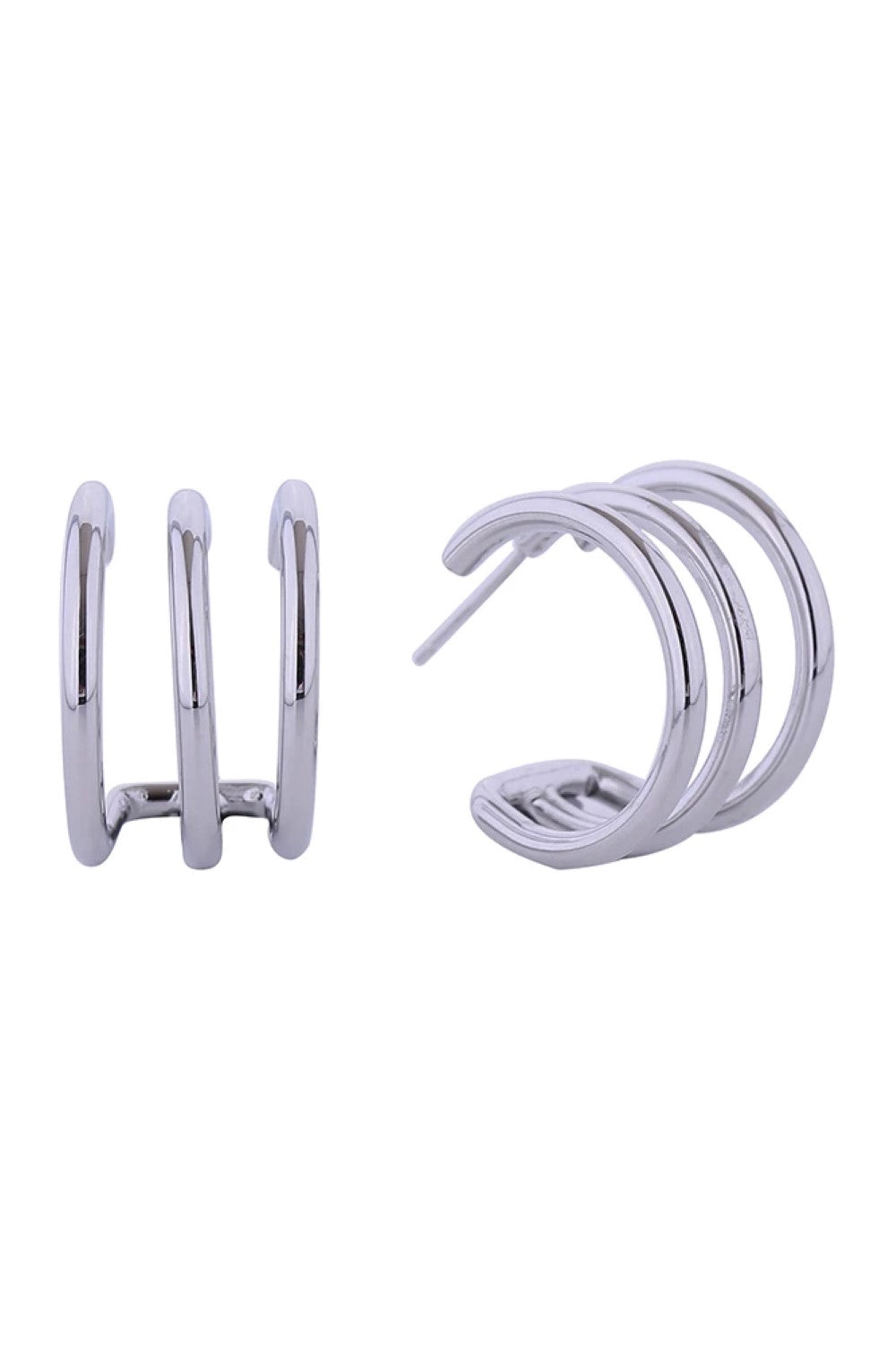White Gold Elegant triple circle post earrings crafted in brass with 14K gold and white gold dipping. Each earring features a modern geometric design with a 2cm diameter, perfect for everyday wear or special occasions. Hypoallergenic construction makes these earrings ideal for sensitive skin. Lead and nickel compliant, ensuring safety and comfort. Expertly made in Korea with attention to quality craftsmanship.