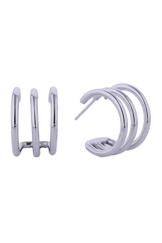 White Gold Elegant triple circle post earrings crafted in brass with 14K gold and white gold dipping. Each earring features a modern geometric design with a 2cm diameter, perfect for everyday wear or special occasions. Hypoallergenic construction makes these earrings ideal for sensitive skin. Lead and nickel compliant, ensuring safety and comfort. Expertly made in Korea with attention to quality craftsmanship.