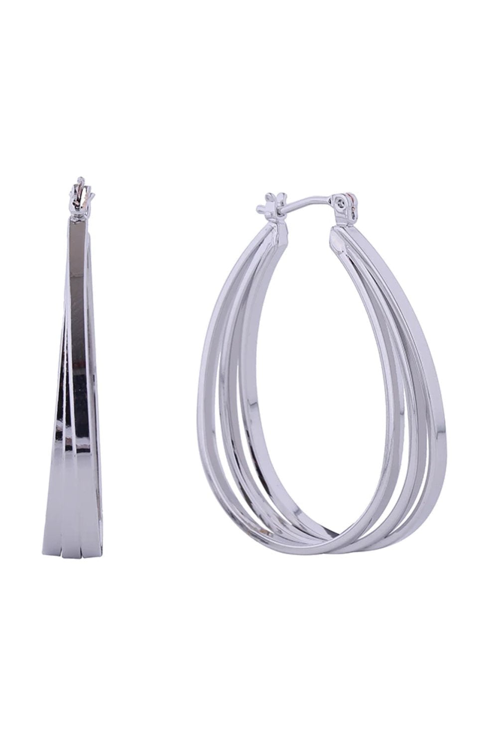 White Gold Elevate your everyday look with these stunning 14K Gold/White Gold dipped triple oval hoop pincatch earrings. Crafted from hypoallergenic brass and made in Korea, these earrings combine elegance with comfort for all-day wear. Featuring three interlocking oval hoops with a 4cm diameter, they offer a modern geometric design that works beautifully with any style. 