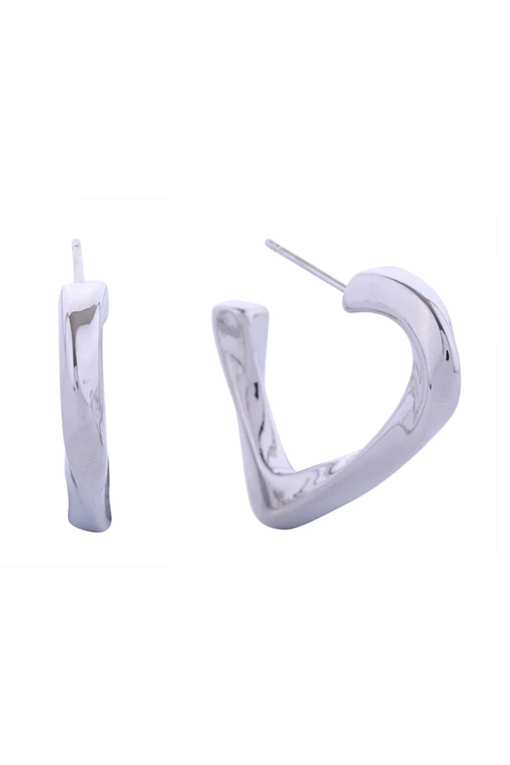 White Gold Elegant twisted triangle post earrings crafted in brass with a hypoallergenic finish. Each earring features a 2.8cm diameter design that catches light beautifully. Lead and nickel compliant, making them safe for sensitive skin. Perfect for everyday wear or special occasions, these geometric studs add a modern touch to any look.