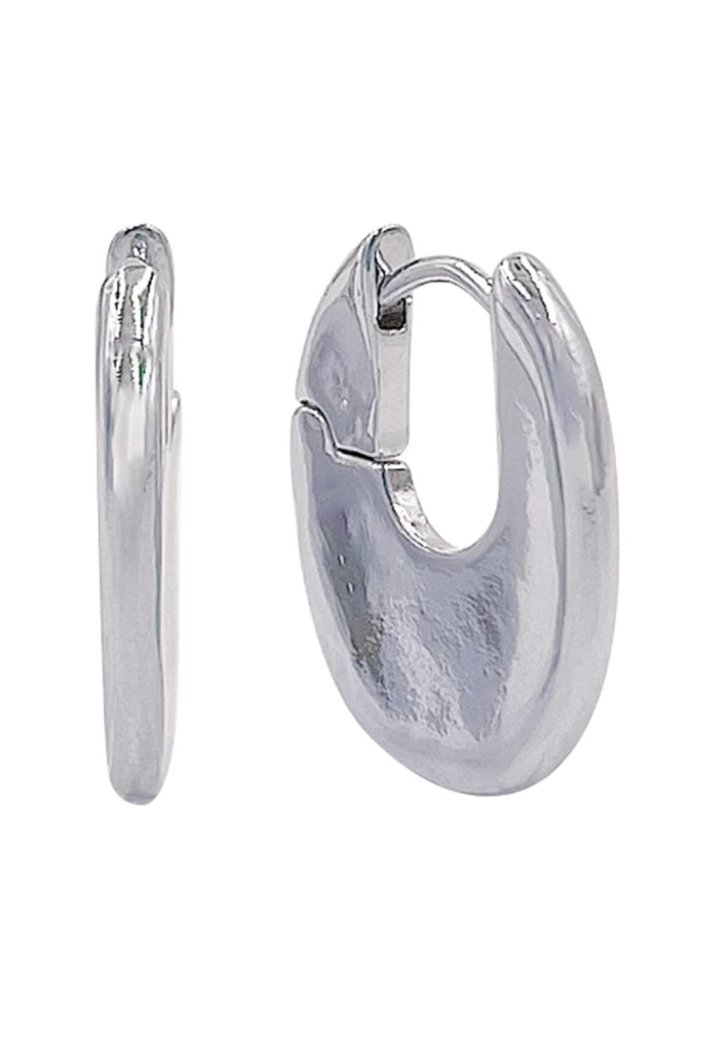 White Gold Elegant U-shaped huggie hoops crafted in 14K gold or white gold-dipped brass. These hypoallergenic earrings feature a comfortable 2cm diameter design, perfect for everyday wear. Lead and nickel compliant for sensitive skin. Expertly made in Korea with quality craftsmanship you can trust.