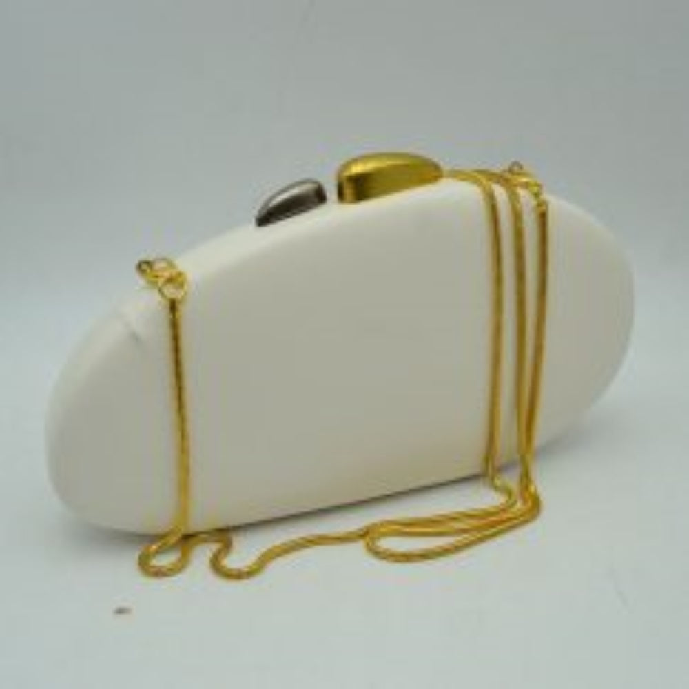 White This structured hardcase clutch bag features a smooth, rounded oval silhouette designed as a sleek accessory for everyday use. Its single interior storage compartment is secured with a rigid frame closure, accented at the top by a distinctive, asymmetrical two-tone sculptural clasp. A slender, matching metallic snake chain strap connects to small loop anchors on either side via clasp attachments, offering convenient options for hands-free shoulder or crossbody styling.