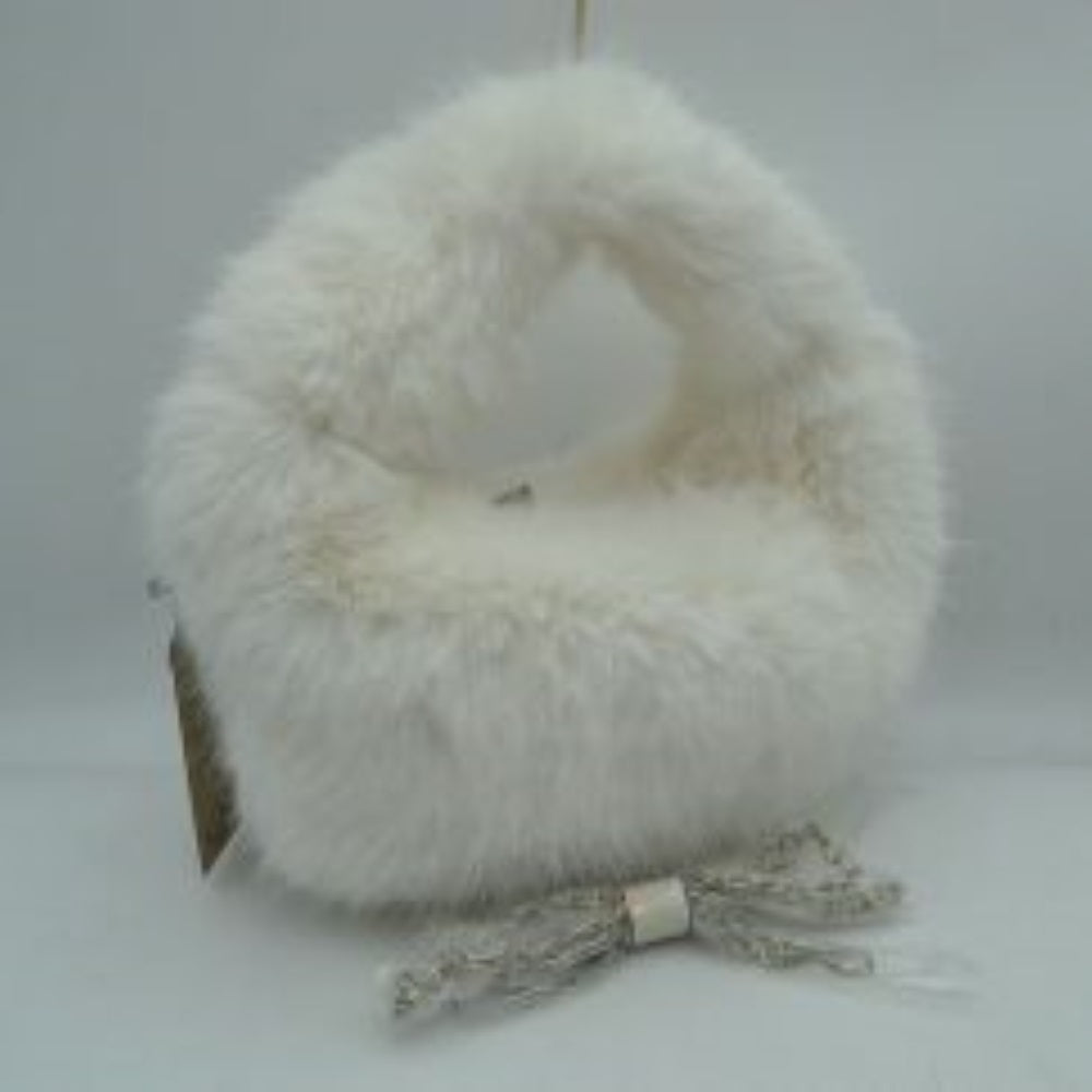 White This distinctive everyday handbag features an eye-catching, ultra-soft plush exterior that brings a cozy, tactile texture to your accessory collection. Designed with a rounded silhouette, it includes an integrated top cutout handle for easy hand carrying, alongside a separate metallic chain strap for alternative styling options. The top opening provides access to the central storage compartment