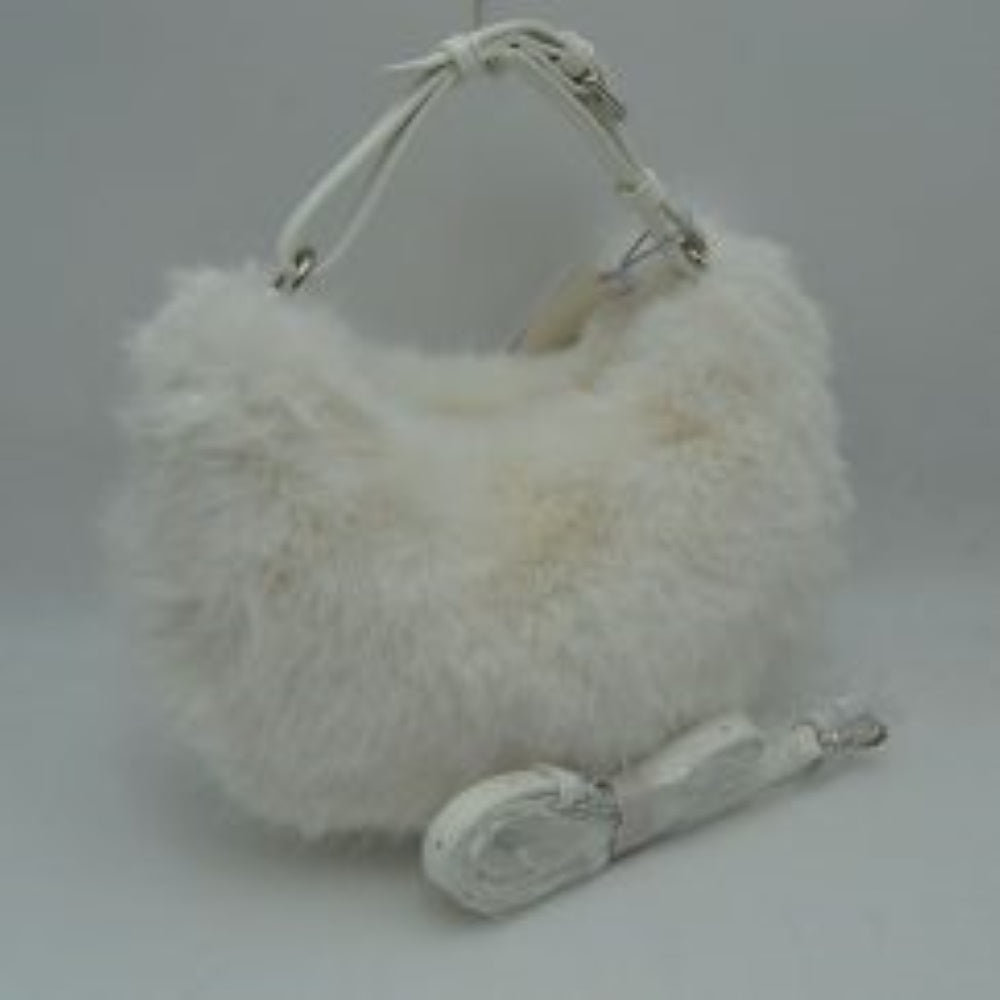 White This unique everyday handbag showcases a soft, high-pile plush exterior that brings a cozy, textured aesthetic to your accessory collection. Designed in a relaxed hobo silhouette, it features a central main storage compartment to keep your daily items easily accessible. For versatile carrying options, the bag is equipped with an adjustable top handle attached to metallic rings, alongside an additional detachable shoulder strap.