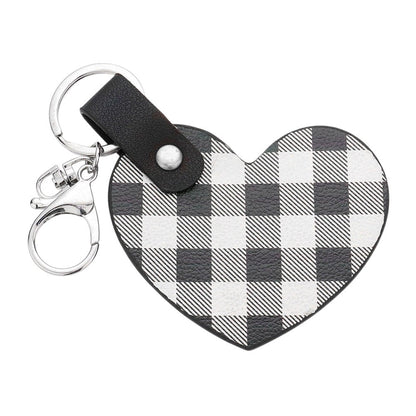 Buffalo Check Patterned Faux Leather Heart Bag Charm - White - Keychains